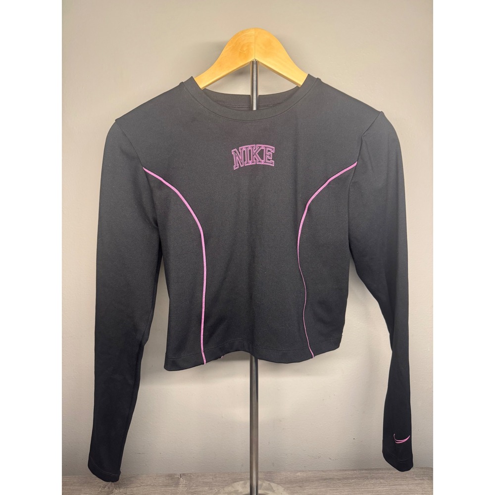 Nike One Dri-FIT Womens Long Sleeve Crop Top Black Pink Cutout Back Large